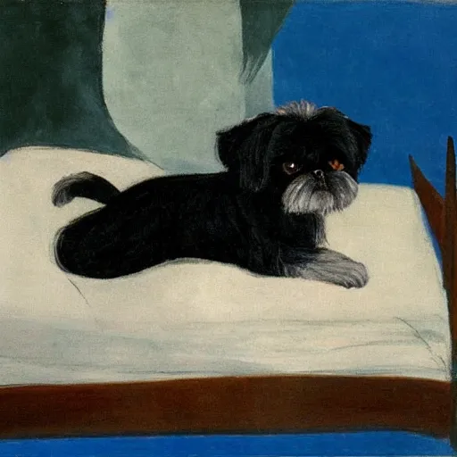 Prompt: a black shih tzu laying on a white bed, by Picasso