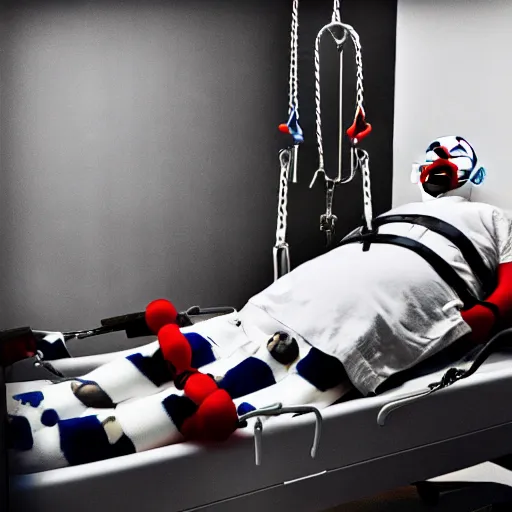 Prompt: crazy clown lying in hospital bed with wrist restraints on, restraints straps attached to hospital bed siderails, photograph, 8 k