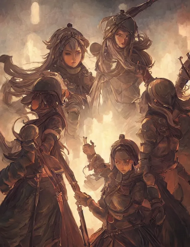 Prompt: the order of sisters of war. this oil painting by the award - winning mangaka has cinematic lighting, an interesting color scheme and intricate details.