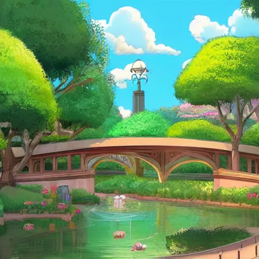 Prompt: beautiful city park in style of Disney matte painting, in style of studio ghibli