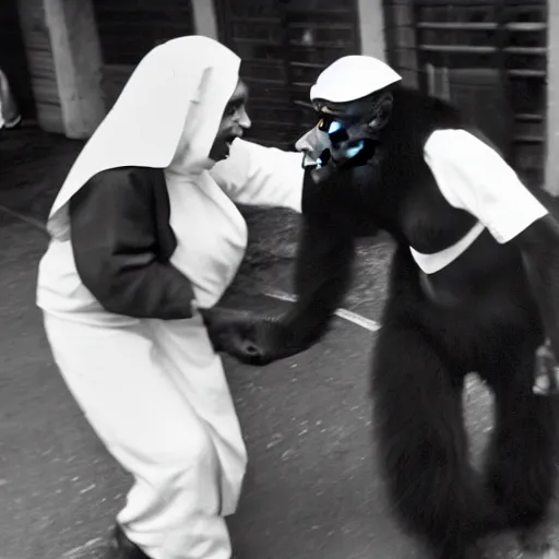 Image similar to a black and white photo of a silverback gorilla beating up a woman dressed as a nun