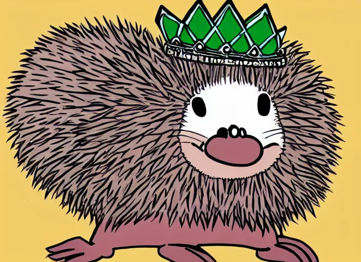 Image similar to a hedgehog wearing a crown, as a 9 0 s cartoon character