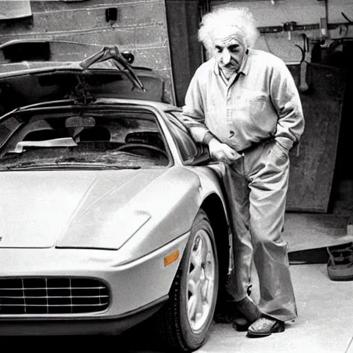 Image similar to “Einstein fixing a ferrari in his garage, 35mm photograph”