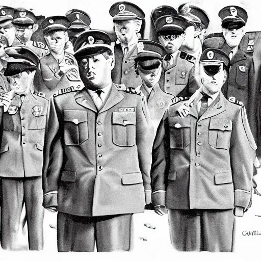 Image similar to donald trump as military school cadet by charles addams, black and white,