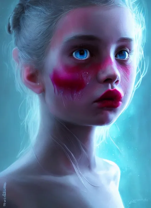 Image similar to portrait of sinister girl with pouty aerochrome lips, fungal, unforgivable, cute bandaid on nose!!, expressive eyes, full body, deathly skin, greg rutkowski, charlie bowater, yuumei, stephen gammell, unreal 5, daz, hyperrealistic, octane render, rpg portrait, dynamic lighting, fantasy art, beautiful face