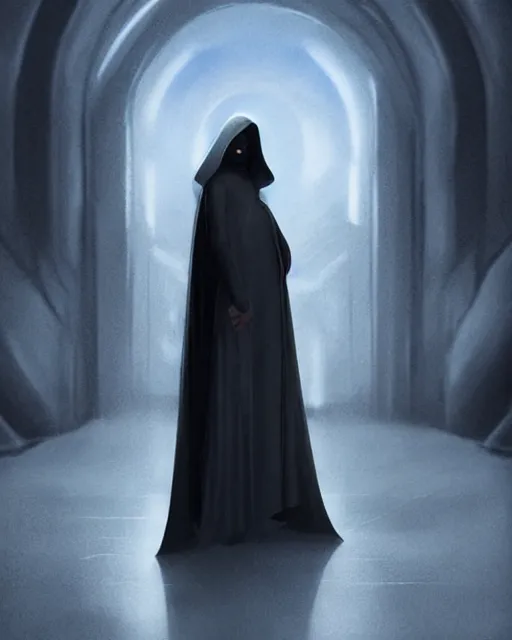 Prompt: half body shot, beautiful woman dark lord of the sith wearing a hooded jedi cloak, standing in deathstar hallway, rim light, volumetric lighting, digital painting, artstation, concept art, smooth, sharp focus, illustration, art by arney freytag, glamour pose, greg rutkowski, soft ambient lighting, particle effects