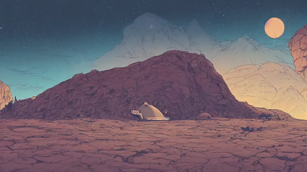 Prompt: very detailed, prophet graphic novel, ilya kuvshinov, mcbess, rutkowski, simon roy, illustration of a plateau with a large bunker door built into the side on a desert planet, wide shot, colorful, deep shadows, astrophotography