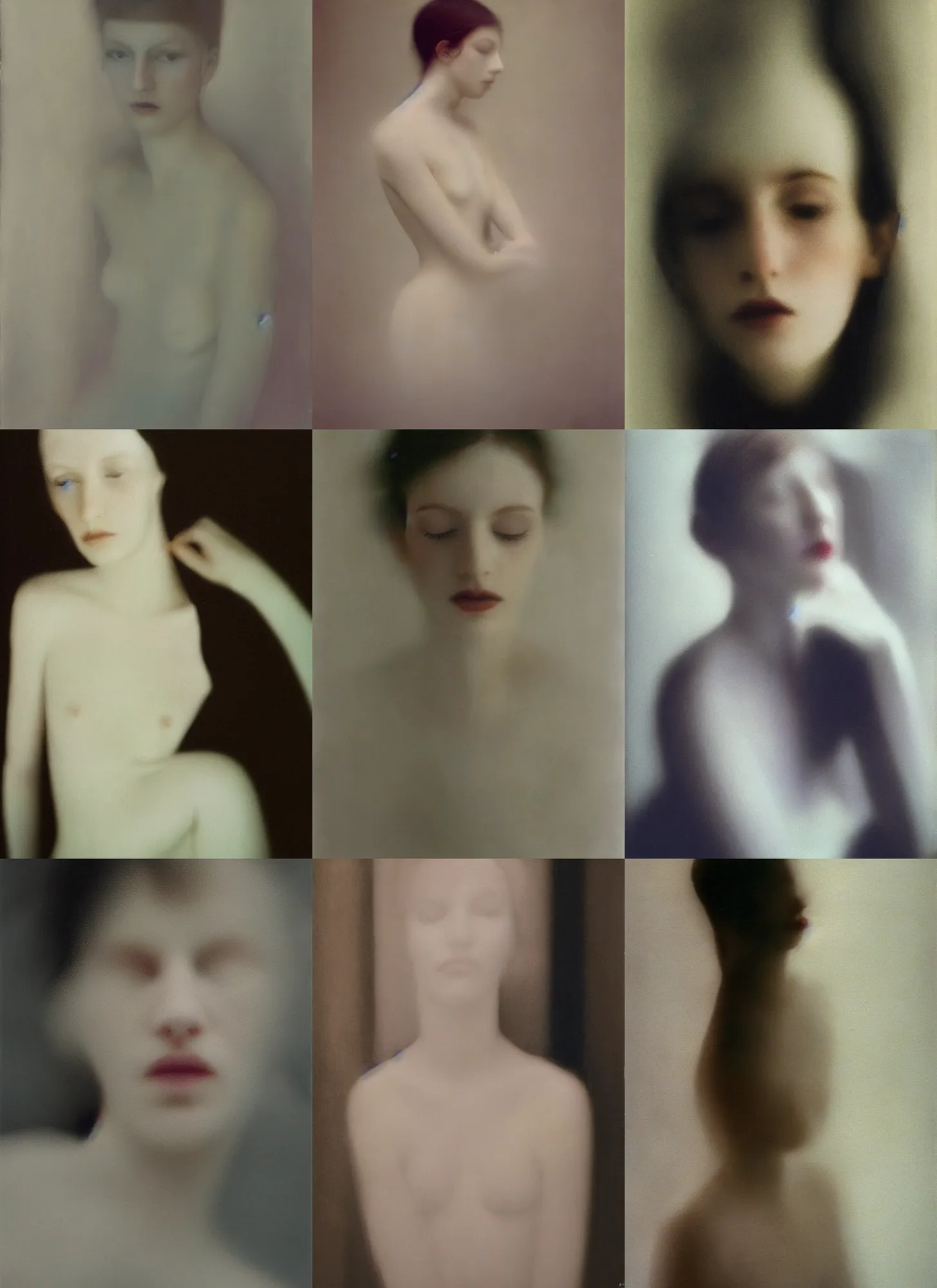 Image similar to out of focus photorealistic portrait of a beautiful!!! aesthetic!!! pale woman by sarah moon and saul leiter, very blurry, translucent white skin, closed eyes, foggy