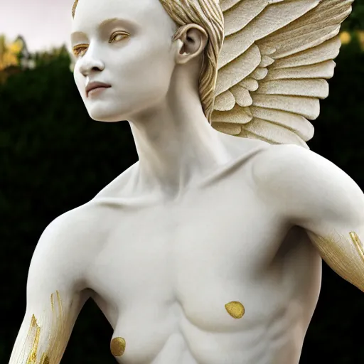 Image similar to a statue made of white marble with gold veins, of an beautiful gorgeous angel girl, full body shot, perfect symmetrical body, perfect symmetrical face, no eyes, hyper realistic, hyper detailed, fujicolor superia 1 6 0 0 photo, by peter kemp, by monia merlo, by michelangelo octane render, blender, 8 k