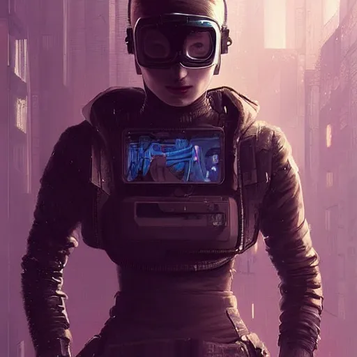 Image similar to sophie turner, streetwear techwear cyberpunk style outfit, partial mask, detailed portrait, intricate complexity, by greg rutkowski, cushart krentz, artgerm, ross tran, conrad roset, takato yomamoto, ilya kuvshinov. 4 k, beautiful, cinematic dramatic atmosphere, portrait lighting