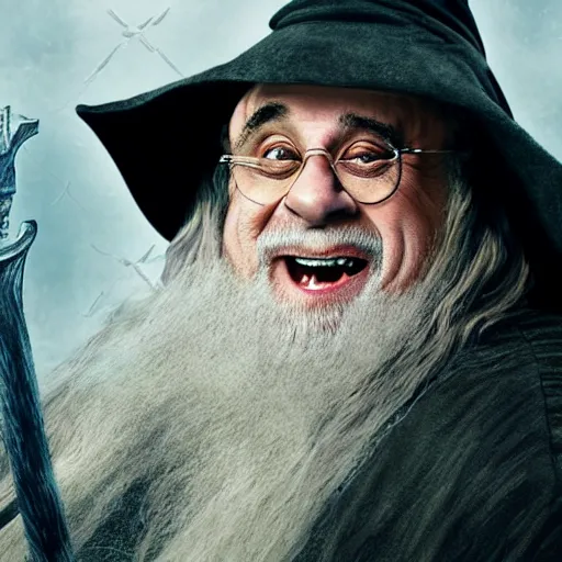 Prompt: danny devito as gandalf, deviantart, smile, ultra realistic illustration, final fantasy, high quality, full color, full body, lotr movies