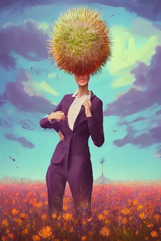 Image similar to portrait, giant thistle flower under head, a girl in a suit in field of flowers, surreal photography, sunrise, blue sky, dramatic light, impressionist painting, digital painting, artstation, simon stalenhag