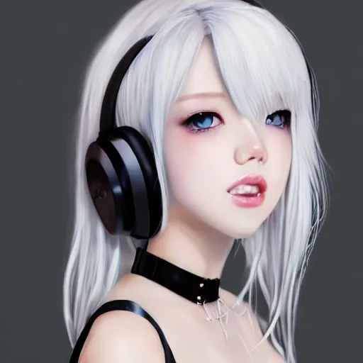 Image similar to realistic teasing detailed semirealism beautiful gorgeous cute Blackpink Lalisa Manoban white hair white cat ears blue eyes, wearing black camisole outfit, headphones, black leather choker full HD 4K high resolution quality WLOP, Aztodio, Taejune Kim, Guweiz, Pixiv, Instagram, Artstation