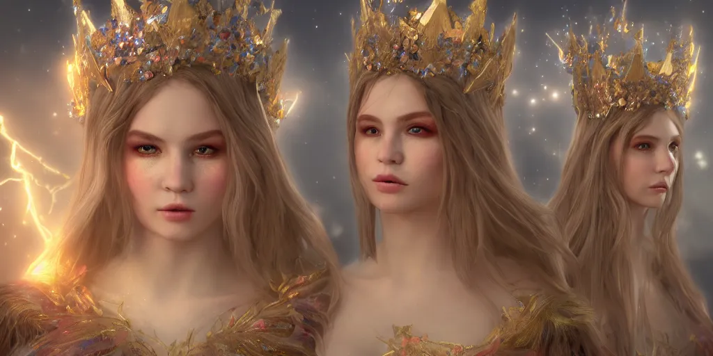 Image similar to fairy girl emperorit is decorated with long robes that fall like stars and wears a huge crown. fantasy art, photo realistic, dynamic lighting, artstation, poster, volumetric lighting, very detailed faces, 4 k, award winning, blender