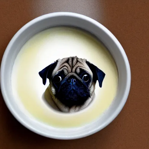 Image similar to a pug sitting in a bowl of yogurt, covered in yogurt, trending on artstation, high resolution photo,