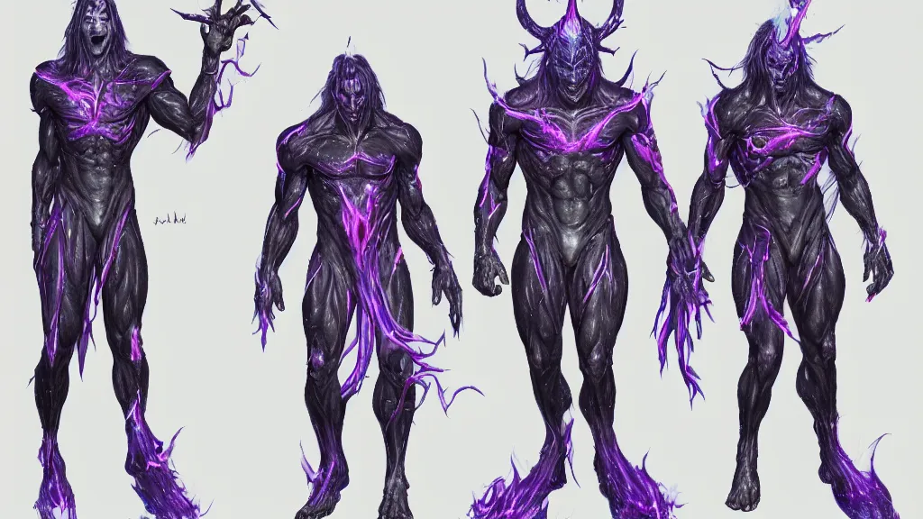 Image similar to a fantasy muscular Bright cosmic void ghost demon with two heads and a long tail character design sheet, trending on artstation