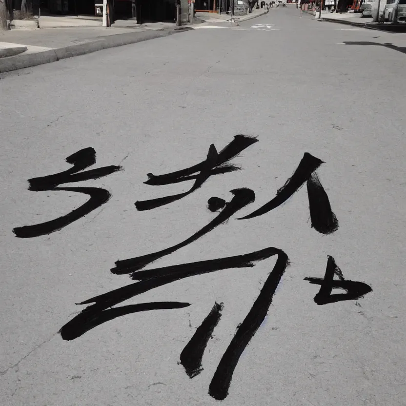 Prompt: a beautiful calligraphic kanji painted on the street, akira style, hyper realistic, natural light