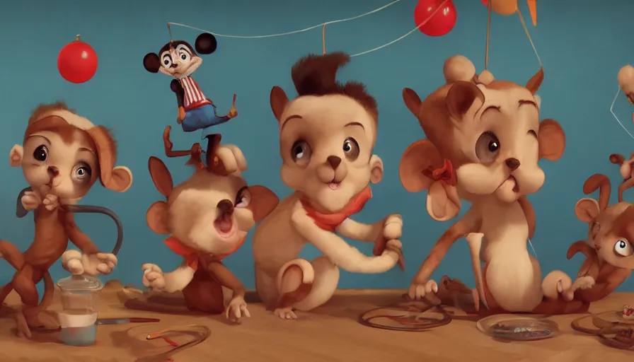 Image similar to very very very cute circus performers, baby creatures, character design for animation, 3d render, big disney eyes, max kostenko, bobby chiu, symmetrical eyes, cuteness, a lineup of characters, Trending on Artstation, oil on Canvas by Bobby Chiu and Norman Rockwell, octane render, 4k, 8k, HD