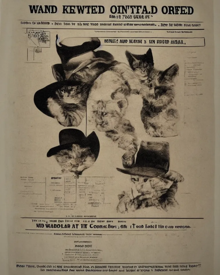 Prompt: 1880s wanted poster Wanted $1000 Reward kitten in a cowboy hat Billy the Kit