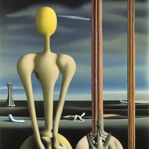 Image similar to Two extremely tall mechanical beings in a deep conversation. Temple of the new gods. Dali. Yves Tanguy.