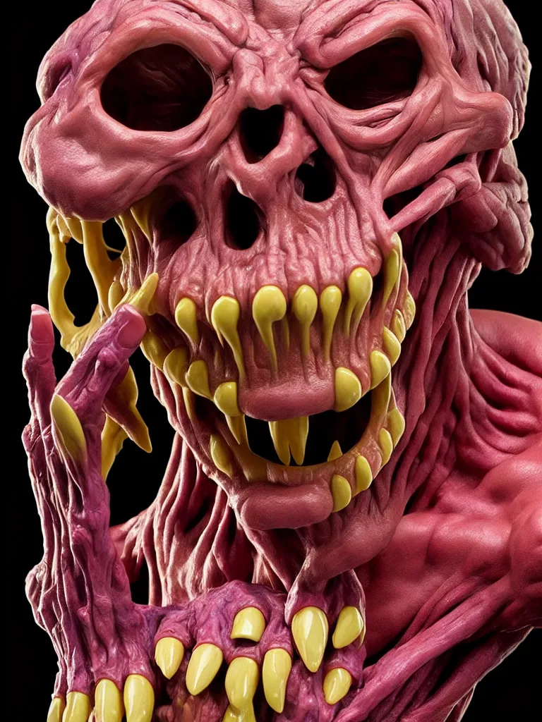 Image similar to hyperrealistic rendering, cronenberg flesh monster skeletor by art of skinner and richard corben and jeff easley, product photography, action figure, sofubi, studio lighting, colored gels