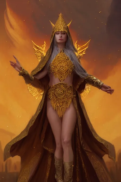 Prompt: Priestess, golden robes, accessories, beautiful, holy magic, casting, church background, high fantasy, dnd, d&d, detailed, gorgeous derriere, face focus!, matte painting, by Genzoman, greg rutkowski, WLOP and Andrei Riabovitchev, trending on Artstation, artstationHD, artstationHQ, deviantart