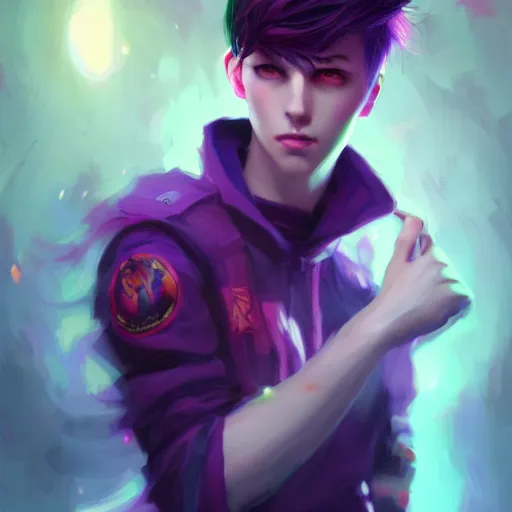 Image similar to colorful and festive captivating teenager boy with straight purple hair, purple eyes with red eye markers, slim body, wearing japanese combat clothes. rich vivid colors, ambient lighting, dynamic lighting, 4 k, atmospheric lighting, painted, intricate, highly detailed by charlie bowater