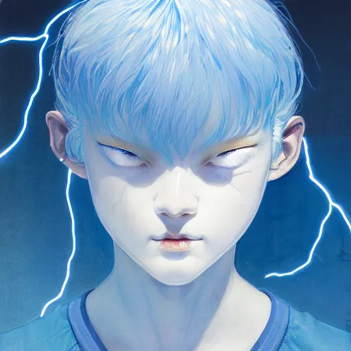 Image similar to prompt : blue lightning portrait soft light painted by james jean and katsuhiro otomo and erik jones, inspired by evangeleon anime, smooth face feature, intricate oil painting, high detail illustration, sharp high detail, manga and anime 1 9 9 9