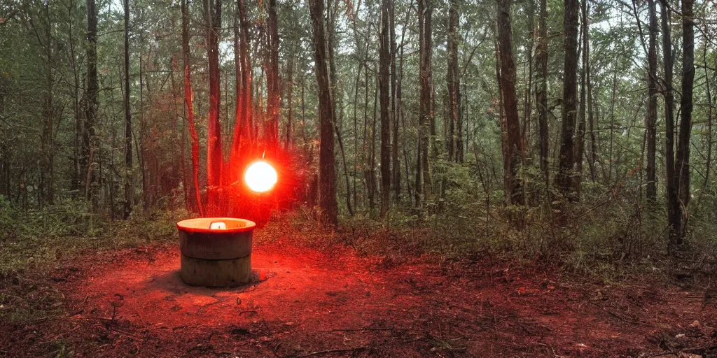 Prompt: a well with glowing orange light emanating from it in the middle of an abandoned forest in dnd