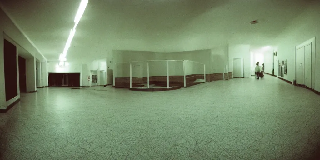 Prompt: a weird place full of people but now empty with eerie feeling, disposable colored camera, camera flash, house, mall, hallway, playground, office