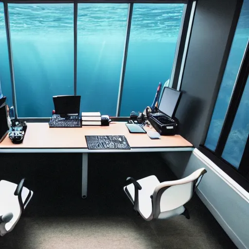 Image similar to photo of someone working at an office desk, underwater, cinematic