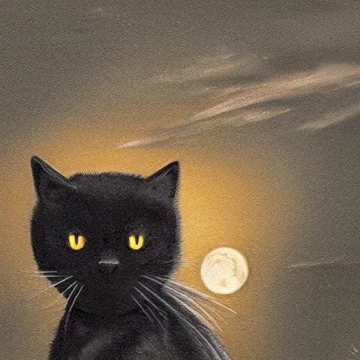 Prompt: an hyper detailed black cat with orange eyes walking through the road during the night under the light of the streetlights and looking at the moon. Realistic. High detail. By Diego Fazio