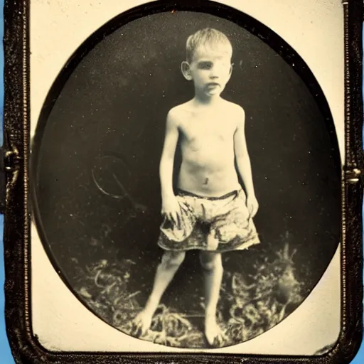 Image similar to tintype photo, swimming deep underwater, kid with huge Bigfoot