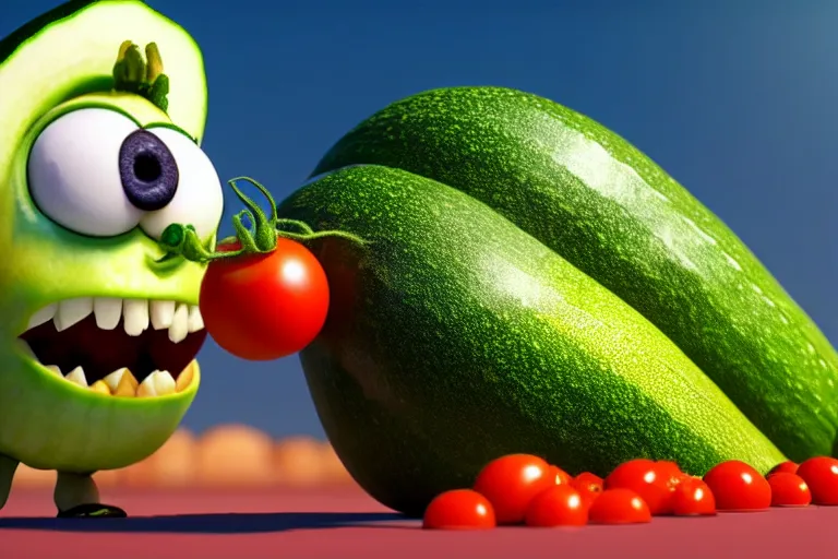 Image similar to detailed 3 d render of a mad zucchini with a long sword chasing after a tomato character, hyper realistic octane render, cinematic lighting, wide angle, nightmare, adult pixar surrealism