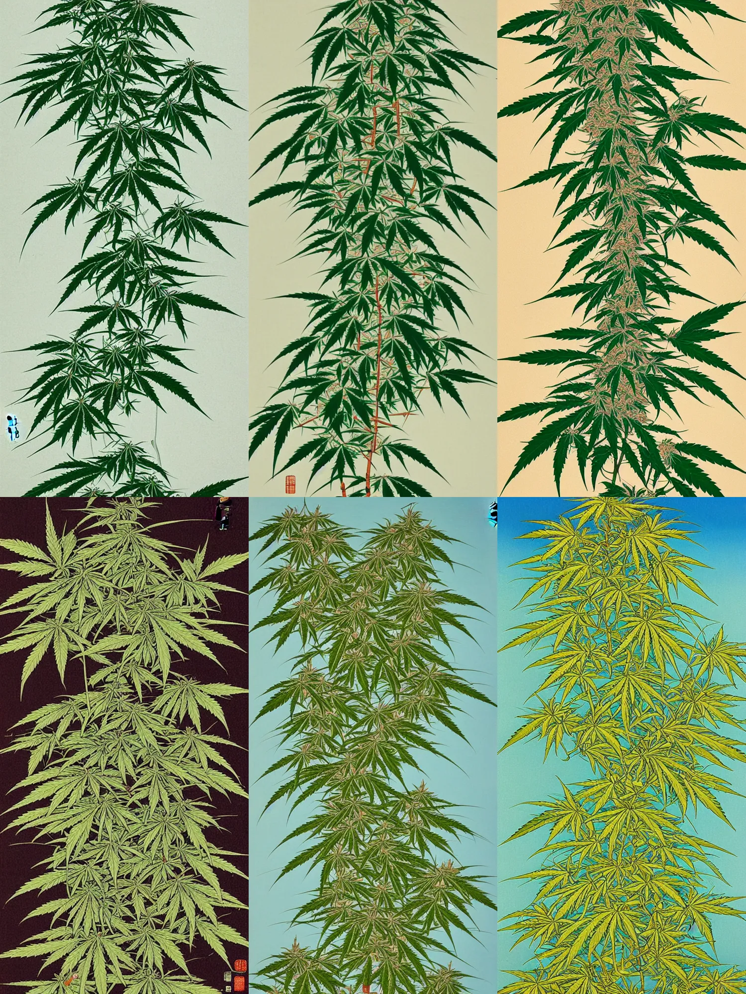 Image similar to A modern fine-art Chinese shanshui painting of cannabis tree with dank buds ready to harvest, full of amber trichome