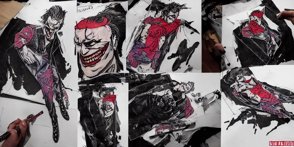 Prompt: the joker fully tattooed, wearing scratched and ripped leather jeans, wearing an aviator outfit with a smiley stamp on its back, character sheet, fine details, props, concept design, contrast, kim jung gi, greg rutkowski, trending on artstation, 8 k, full body, turnaround, front, back, ultra wide angle