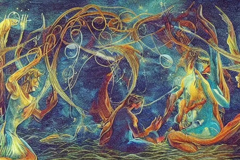 Prompt: genesis, music, the waters are gathered, shore of the primordial seas lit by starlight and cosmic rays, the world is born from the pluck of a string, the vibrations bring order from chaos, every living thing is connected by a thread of fate, together they make a glorious song that creates a gnostic hyper-dream ascension of harmony and bliss throughout the universe amazing concept painting by Jessica Rossier