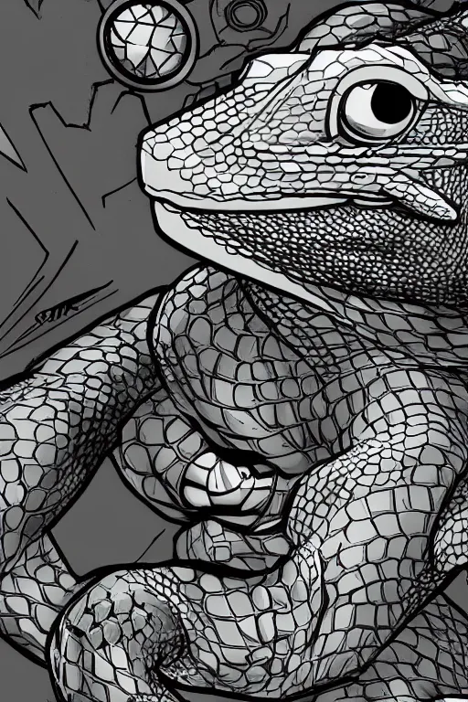 Image similar to bearded dragon grogu marvel comics style, gray scales, anime, hd,