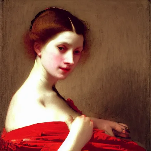 Prompt: sublime portrait of a woman in a red satin dress, very pale, graceful, Vermeer, Bouguereau, Van Dyck, Ingres, Rubens, Carolus-Duran, strong dramatic cinematic lighting, 17th-century, extremely detailed