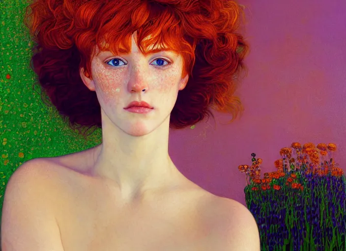 Image similar to portrait Girl with orange hair and freckles, green eyes, fine face pretty face, purple background, fine details, by Ilya Kuvshinov and Gustav Klimt