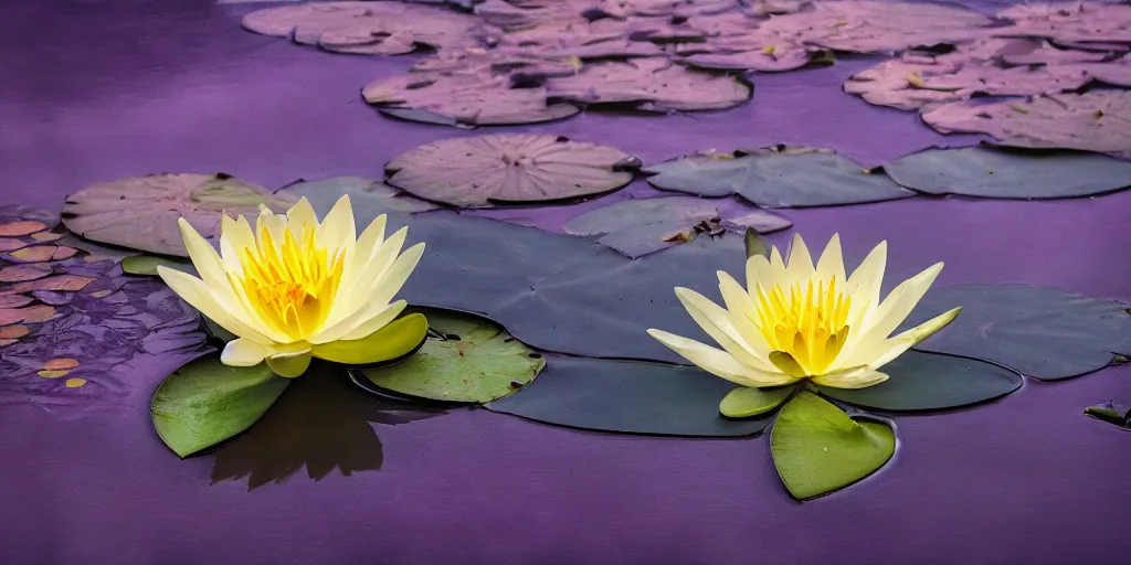 Prompt: A hand holding a water lily, night dramatic lighting, blue, yellow and purple tones, wide camera angle, matte painting, trending on ArtStation, concept art, delightful surroundings, high detail, sharp contrast, ray tracing, picturesque artwork by Mike Winkelmann, artwork by Ridley Scott, 4K, 8K, super graphically realistic detailed, high definition, HDR