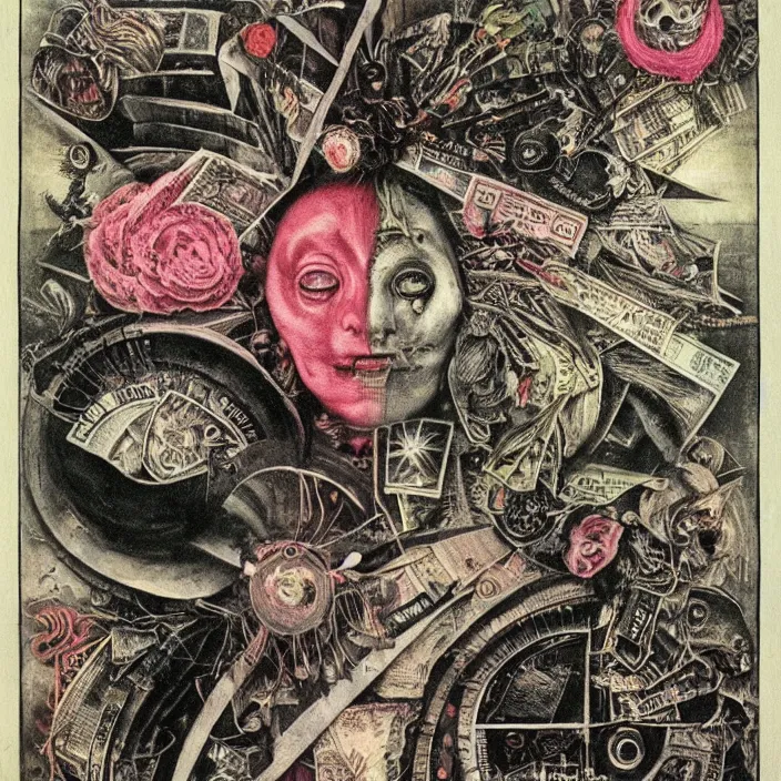 Prompt: post - punk new age album cover, asymmetrical design, dollar bank notes, capitalism, magic, apocalypse, psychedelic, black white pink, highly detailed, magic, giger h. r., giuseppe arcimboldo