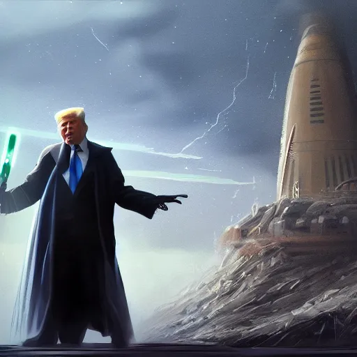 Prompt: Donald Trump as a jedi hero, capitol hill, post-apocalyptic, cinematic, atmospheric, highly detailed, artstation, Emanuel Leutze, Carl Wahlbom