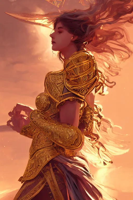 Image similar to knights of zodiac girl, golden and copper armor, karate fighting in ruined agora of athens sunrise, ssci - fi and fantasy, intricate and very very beautiful and elegant, highly detailed, digital painting, artstation, concept art, smooth and sharp focus, illustration, art by tian zi and wlop and alphonse mucha