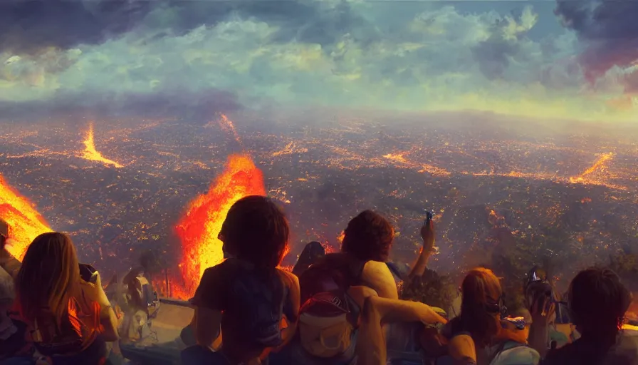 Image similar to people in a hill watching los angeles on fire, hyperdetailed, artstation, cgsociety, 8 k