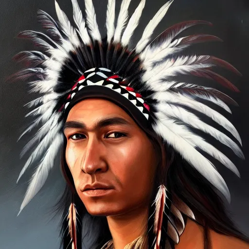 Image similar to painting portrait of a native american wearing a white feather headdress, artstation, ultra detailed