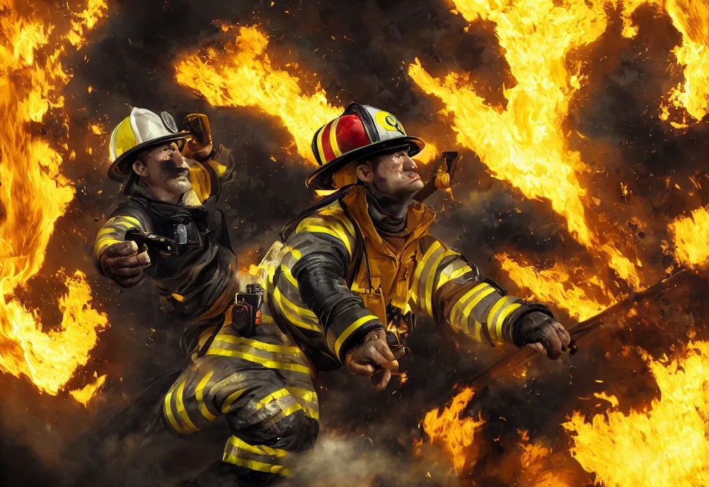 Image similar to one heroic firefighter in action in black and yellow uniform, fire flames, sharp details, sharp focus, realistic, highly detailed, illustration, by yerbol bulentayev and murat gul and pablo olivera and greg rutkowski