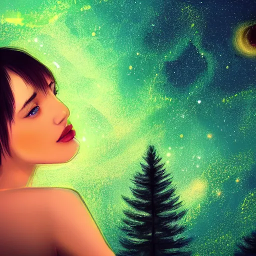 Image similar to an hd photo of a young woman with short brown hair, green eyes, beautiful trees in the background, night sky with multicolor stars and galaxies, trending on artstation