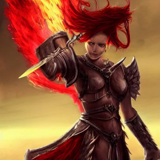 Image similar to fantasy concept art, ( ( winged ) ) ( red hair woman ) ( flaming sword ) ( ( ( plate armor ) ) ) ( ( ( ( devilish smile ) ) ) ), 4 k, painting