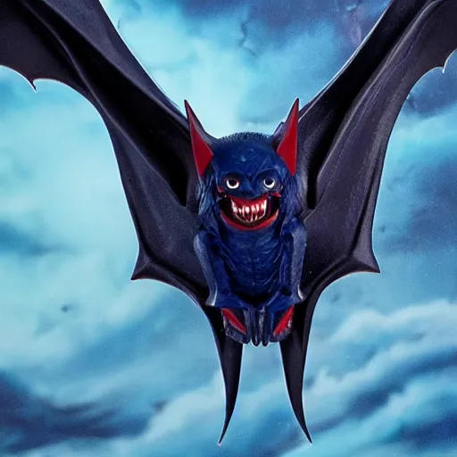 Image similar to detailed full body of scary giant mutant dark blue humanoid pygmy-bat, glowing red eyes flying above a stormy ocean, sharp teeth, acid leaking from mouth, realistic, giant, bat ears, bat nose, bat claws, bat wings, furred, covered in soft fur, detailed, 85mm f/1.4